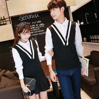 Couple Matching Mock Two-piece Chevron Long-sleeve Top / Dress