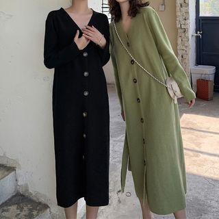 Buttoned Tie-waist Midi Knit Dress