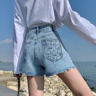 Bear Print Frayed Denim Hot Pants