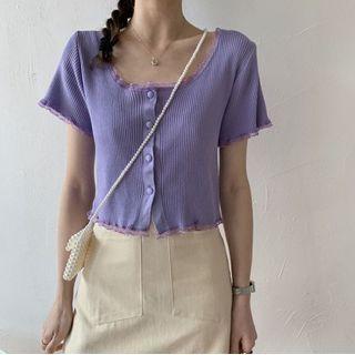 Lace Trim Short-sleeve Rib Knit Cardigan