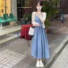 Spaghetti-strap Denim Maxi A-line Dress / Cardigan
