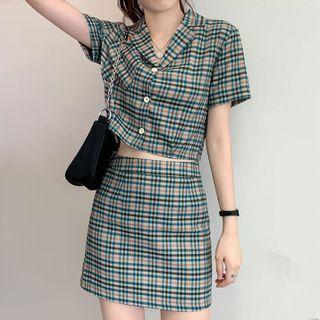 Set: Plaid Cropped Blouse + Mini Pencil Skirt Set Of 2 - Blouse - Green - M / Skirt - Green - M