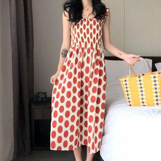Sleeveless Polka Dot Smocked Midi Dress