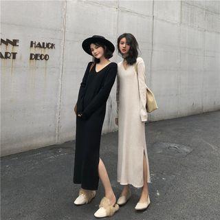 V-neck Ribbed Long-sleeve Midi Knit Dress