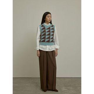 Patterned Woolen Knit Vest Blue - One Size