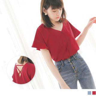 Ruffle Sleeve Cutout Back Chiffon Top