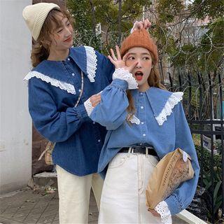 Lace Panel Denim Long Sleeve Blouse