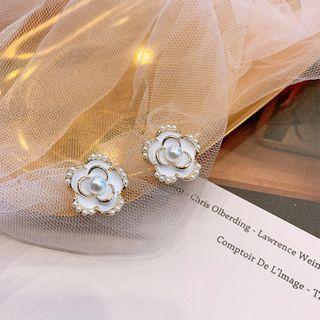 Flower Glaze Faux Pearl Earring Gn0156 - 1 Pair - White & Gold - One Size