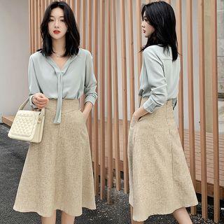 Set: V-neck Chiffon Blouse + Midi A-line Skirt