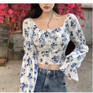 Long-sleeve Off-shoulder Floral Print Top Floral - Blue & White - One Size