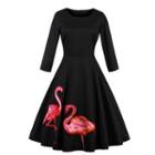 Long-sleeve Crane Embroidered Midi A-line Dress