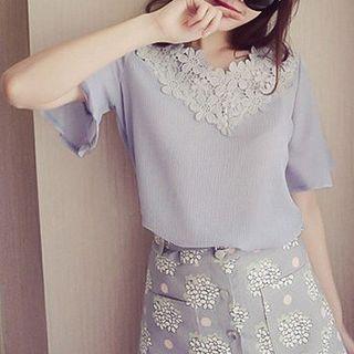 Crochet Trim Bell Short-sleeve Chiffon Top