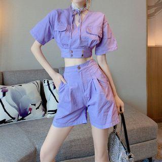 Set: Short Sleeve V-neck Crop Top + Wide Leg Shorts
