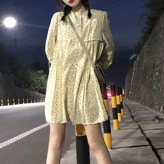 Long-sleeve Floral Print Mini A-line Dress Floral - Light Yellow - One Size