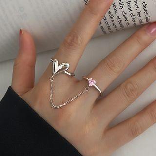 Heart Rhinestone Chained Sterling Silver Double Ring J3074 - Silver & Pink - One Size