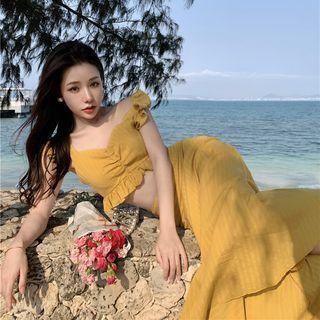 Set: Ruffled Crop Camisole Top + Maxi A-line Skirt