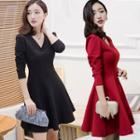 Plain Long Sleeve V-neck A-line Dress