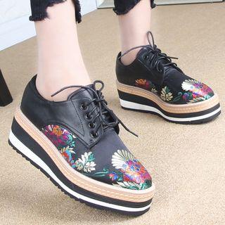 Embroidered Lace-up Platform Shoes