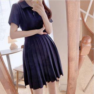 Collared Short-sleeve Mini A-line Pleated Dress