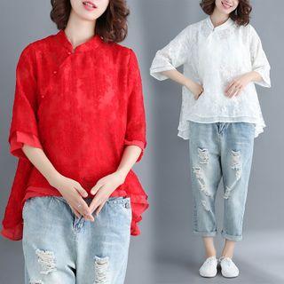 Plain Asymmetrical 3/4-sleeve Lace Shirt