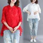 Plain Asymmetrical 3/4-sleeve Lace Shirt