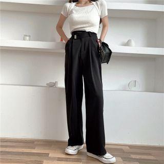 Short-sleeve Ribbed T-shirt / Wide Leg Pants