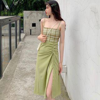 Spaghetti-strap Plaid Panel Midi Dress As Shown In Figure - One Size