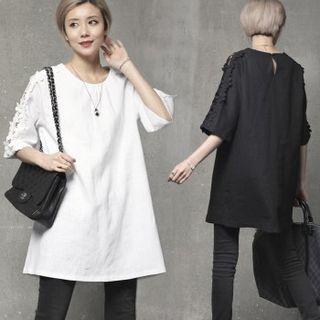 Round-neck Lace-sleeve Linen Minidress