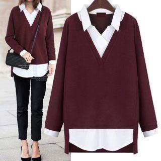 Mock Two-piece Long-sleeve Open-collar Shirt