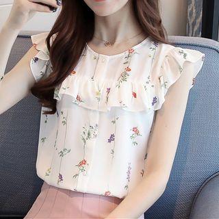 Floral Print Frill Trim Sleeveless Chiffon Top