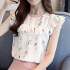 Floral Print Frill Trim Sleeveless Chiffon Top