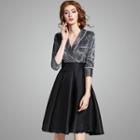3/4-sleeve V-neck Paneled A-line Dress
