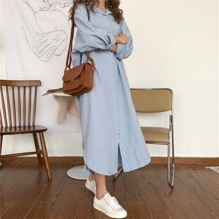 Plain Long-sleeve Split Shirt Dress