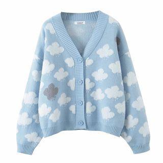 V-neck Cloud Print Cardigan Blue - One Size