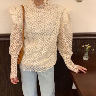 Mock-turtleneck Ruffled Long-sleeve Lace Top Off-white - One Size
