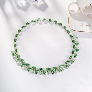 Rhinestone Necklace 1pc - Silver & Green - One Size
