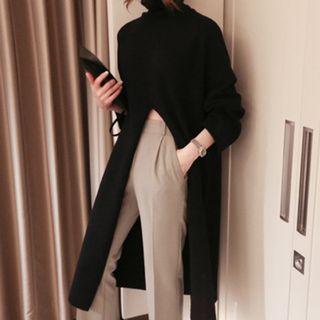 Slit-hem Long Turtleneck Sweater