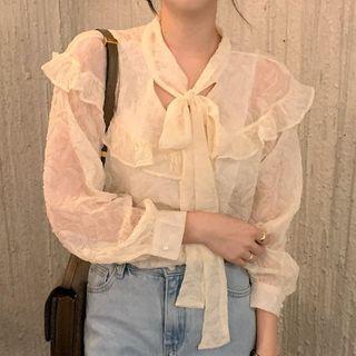 Long-sleeve Ruffled Tie-waist Blouse Almond - One Size
