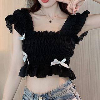 Cap-sleeve Bow-accent Shirred Crop Top