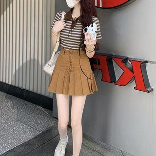Short-sleeve Striped Polo Top / Pleated Skirt / Set