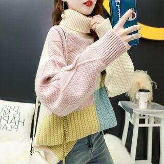 Turtleneck Color Block Cable Knit Sweater