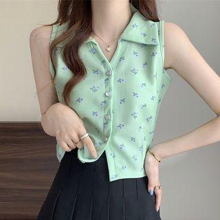 Sleeveless Floral Print Button-up Top
