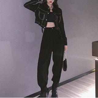 Contrast Lining Shirt Jacket / Harem Pants / Tube Top / Set