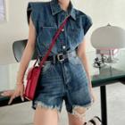 Set : Plain Sleeveless Denim Jacket + Denim Shorts
