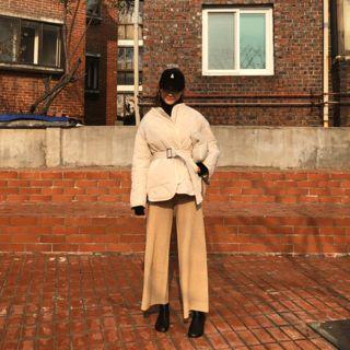 Round-neck Quilted Jacket With Belted