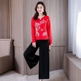 Set: Long-sleeve Floral Top + Wide Leg Pants