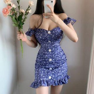 Off Shoulder Floral Print Mini Sheath Dress