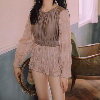 Shirred-sleeve Paneled Swimdress