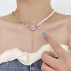 Square Rhinestone Faux Pearl Choker Silver - One Size
