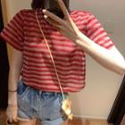 Short-sleeve Glitter Striped T-shirt Red - One Size